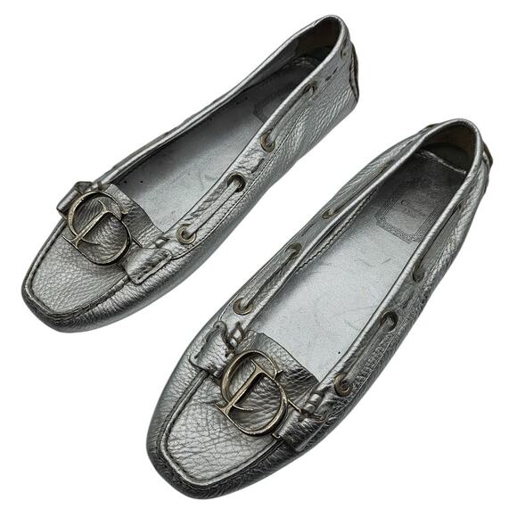 Christian Dior Metallic Silver Leather Logo Slip On Driving Loafers Sz 39 US 9 - Picture 1 of 10